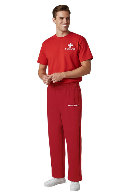 The Lifeguard Store red cotton polyester blend sweatpants with drawstring and side pockets, featuring a white "+ GUARD" logo.