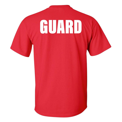The Lifeguard Store red short sleeve Dri-Fit guard t-shirt with large white GUARD text on the back