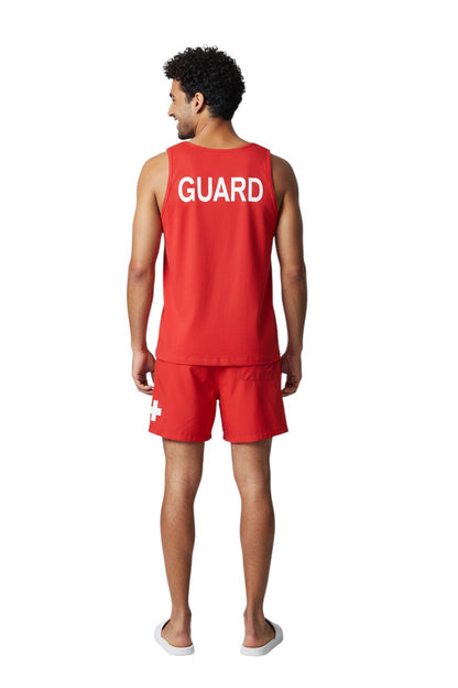 The Lifeguard Store red 100% cotton preshrunk tank top with white GUARD logo on back.
