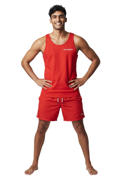 The Lifeguard Store red 100% cotton preshrunk tank top with white GUARD logo on chest.