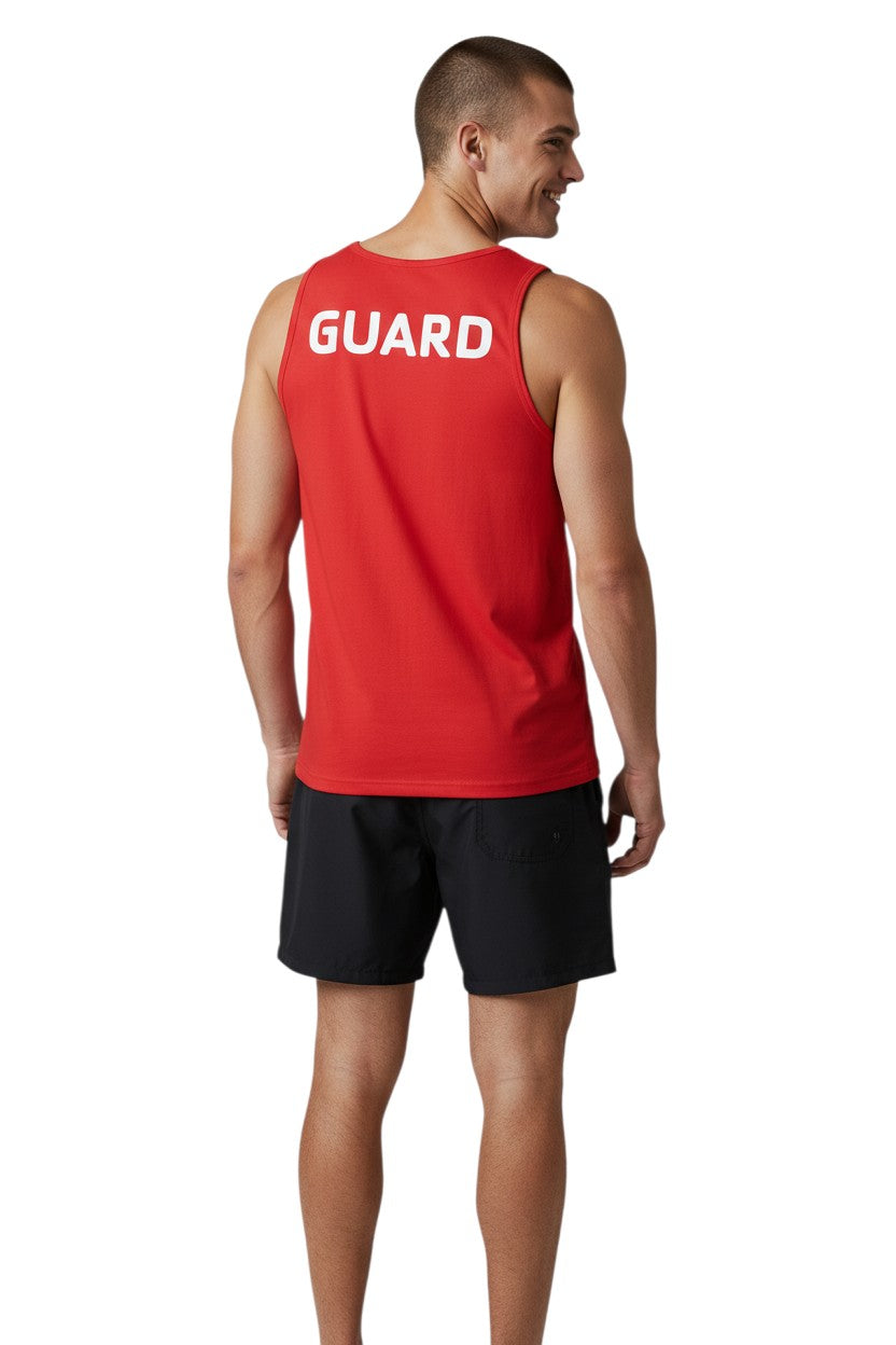 The Lifeguard Store red 100% cotton tank top with white "GUARD" text on the back.