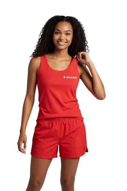 The Lifeguard Store red 100% cotton preshrunk tank top with white GUARD logo on chest.