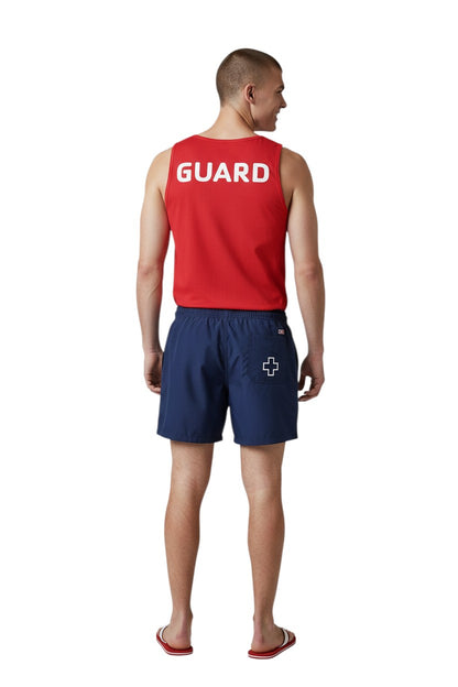 The Lifeguard Store red 100% cotton jersey tank top with white GUARD logo on back.