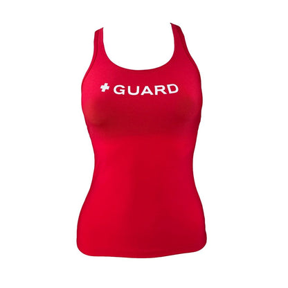 The Lifeguard Store red racer back tankini top with white "GUARD" and cross graphic. Made of recycled polyester with UPF50+ protection.