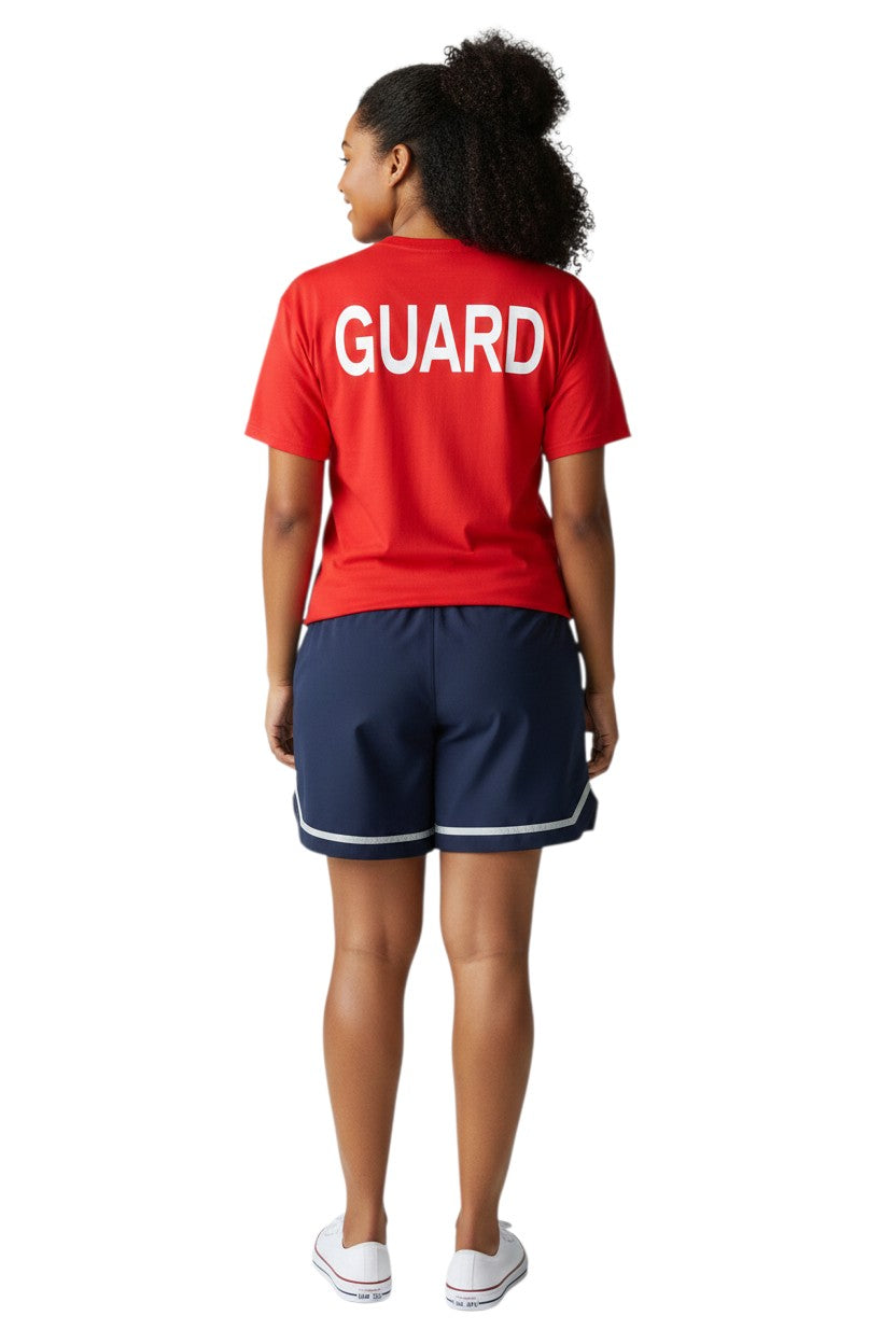 The Lifeguard Store red short sleeve Dri-Fit tee with white GUARD logo on back. 100% polyester.