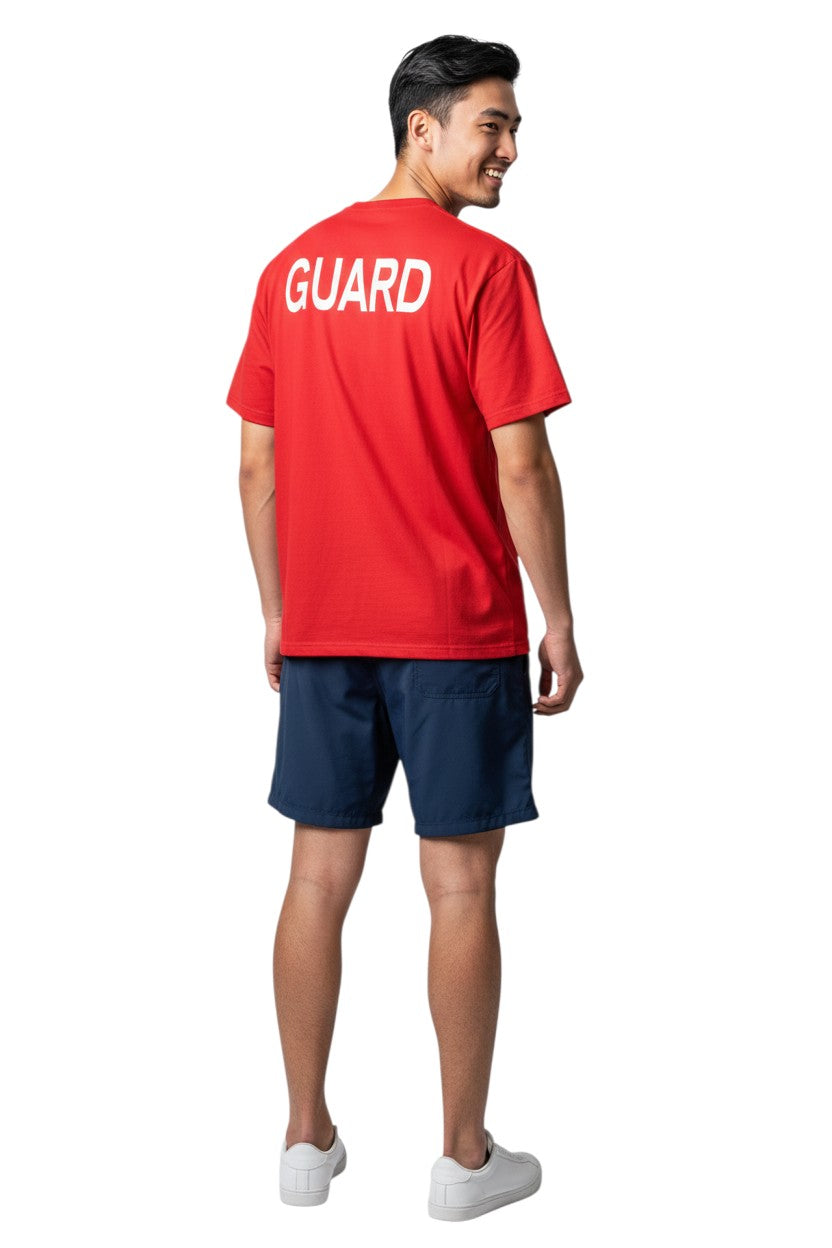 The Lifeguard Store red short sleeve Dri-Fit tee with white GUARD logo on back. 100% polyester.