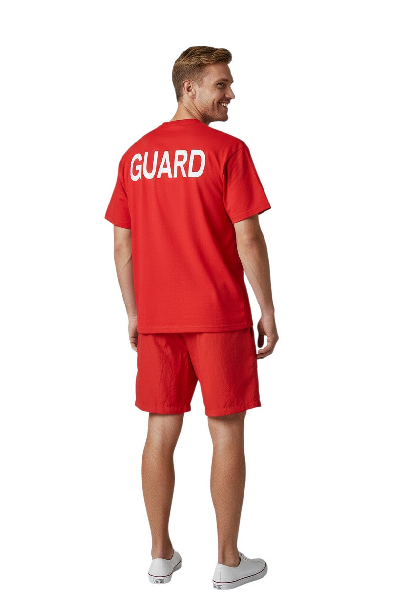 The Lifeguard Store red 100% cotton short sleeve tee with white GUARD logo on back.