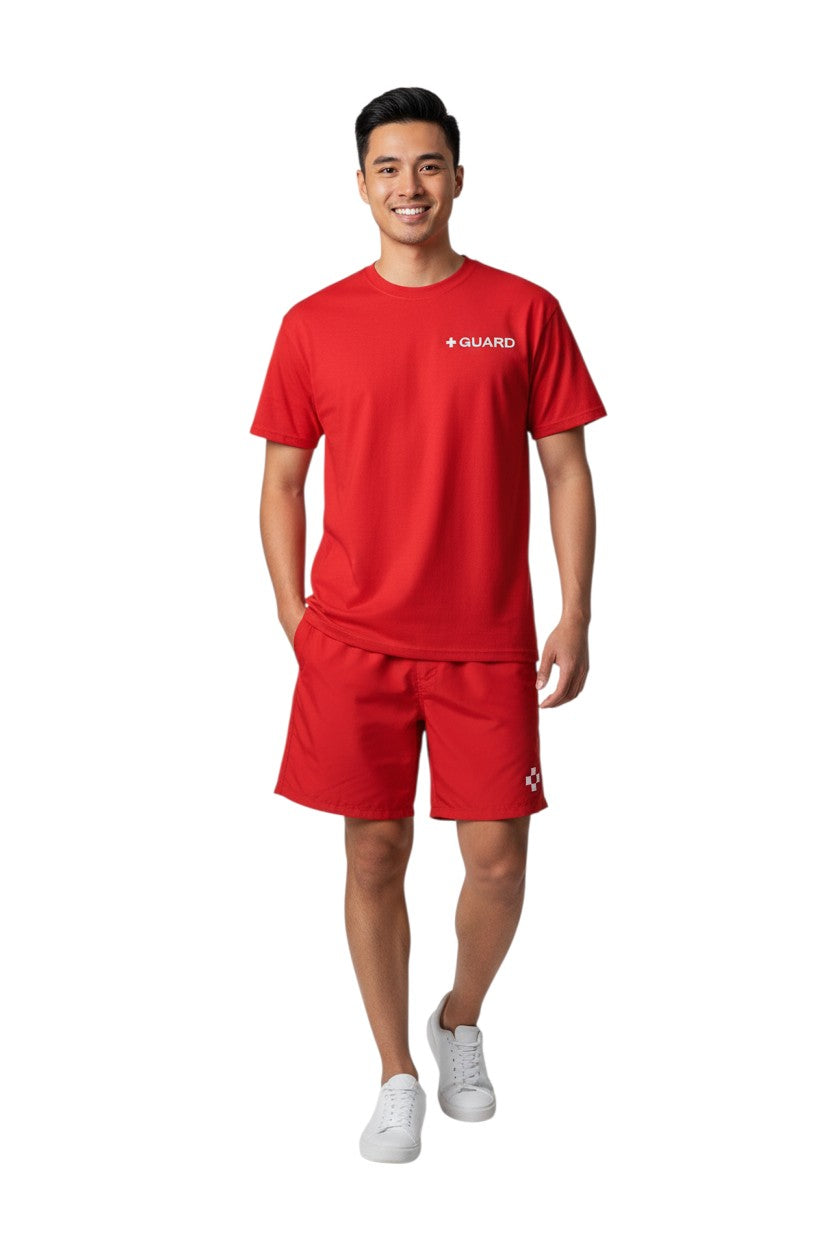 The Lifeguard Store red short sleeve Dri-Fit tee with white GUARD logo on chest. 100% polyester.