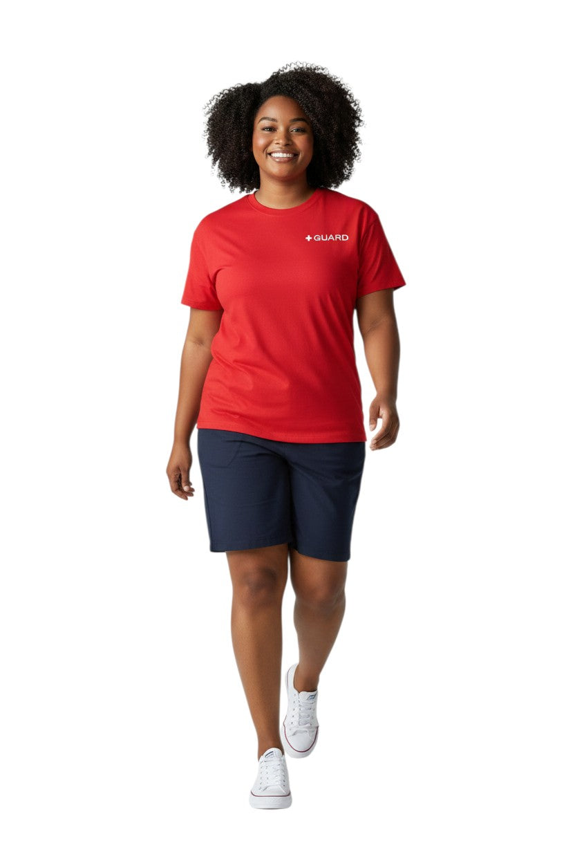 The Lifeguard Store red short sleeve Dri-Fit tee with white GUARD logo on chest. 100% polyester.