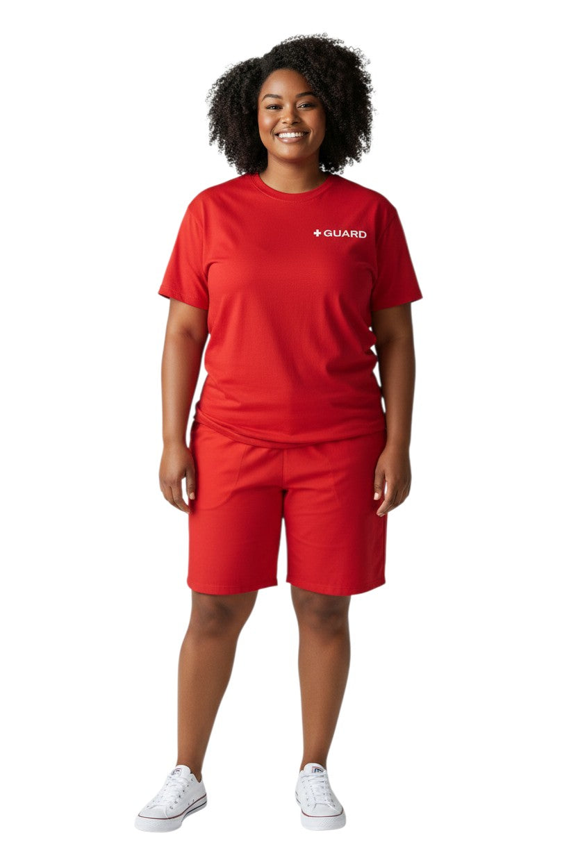 The Lifeguard Store red short sleeve Dri-Fit tee with white GUARD logo on chest. 100% polyester.