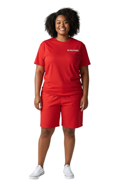 The Lifeguard Store red short sleeve Dri-Fit tee with white GUARD logo on chest. 100% polyester.