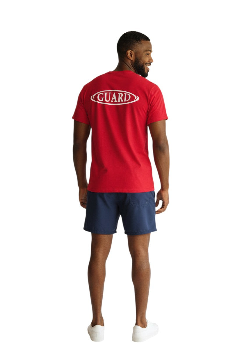 The Lifeguard Store red 100% cotton short sleeve RISE Guard Tee with white oval logo on back.