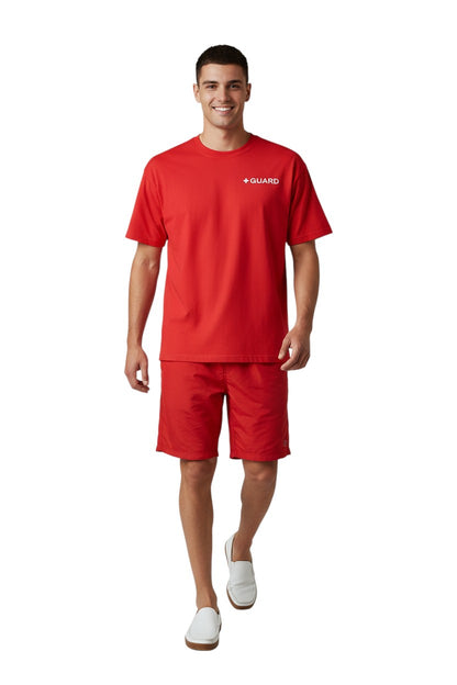 The Lifeguard Store red 100% cotton short sleeve tee with white + GUARD logo on chest and back.