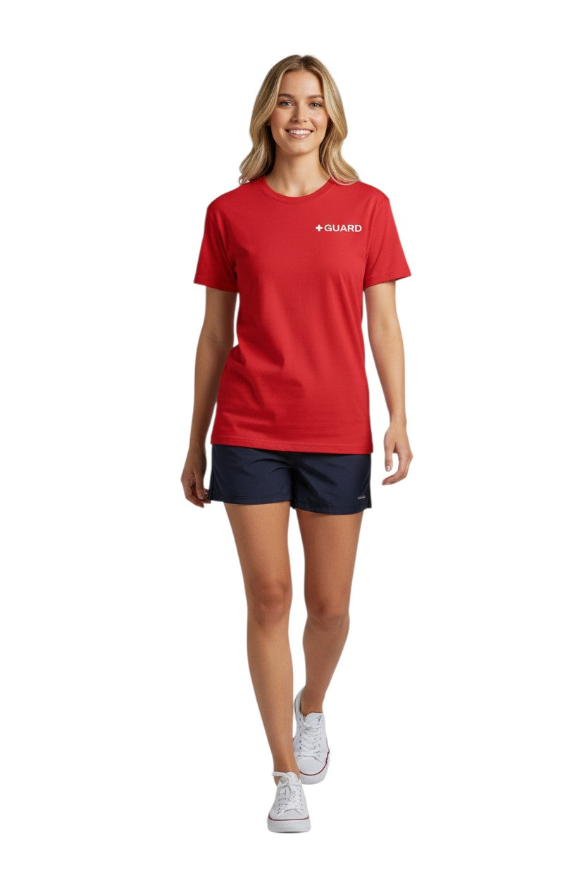 The Lifeguard Store red 100% cotton short sleeve tee with white + GUARD logo on chest and back.