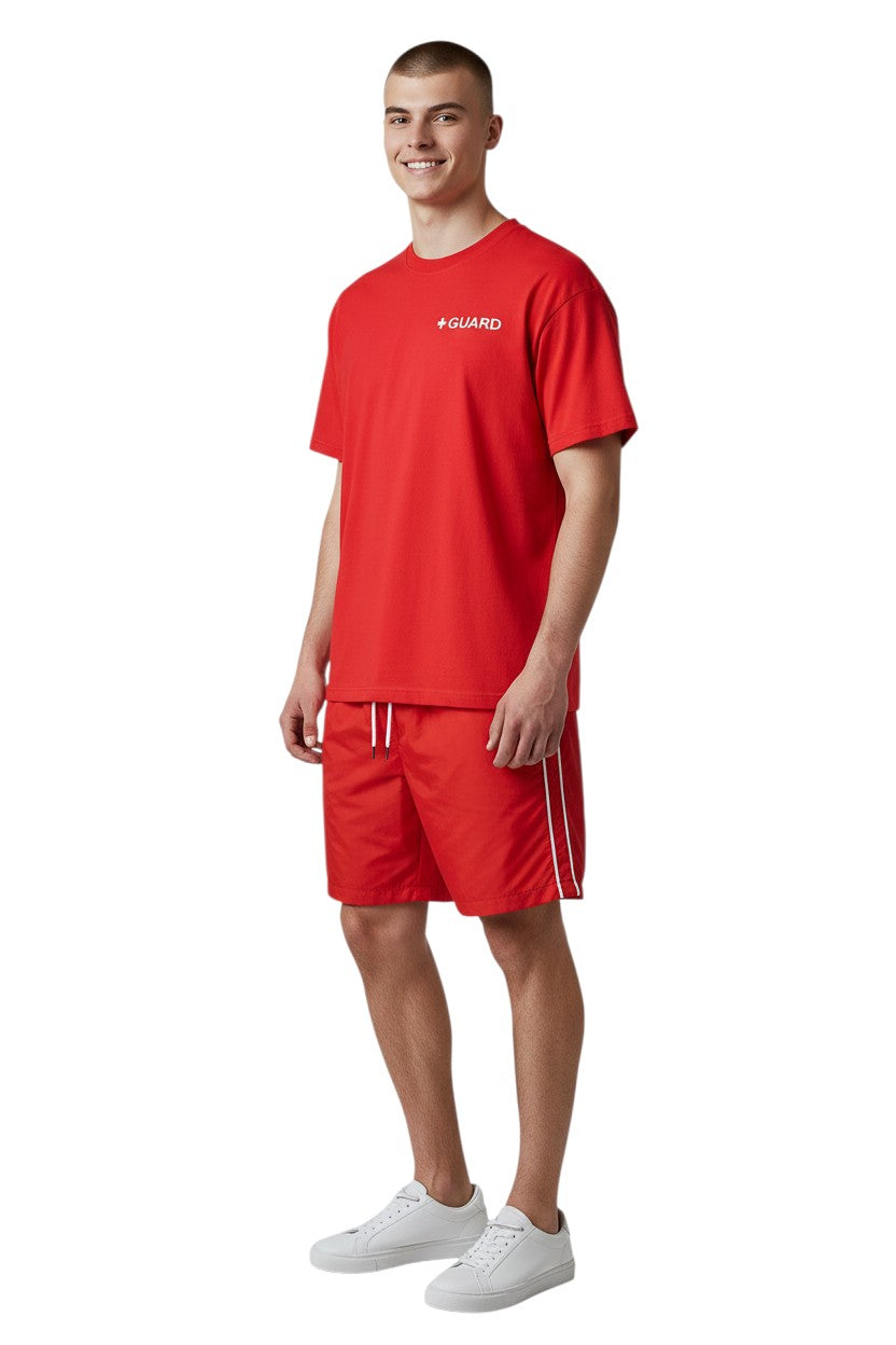 The Lifeguard Store red 100% cotton short sleeve tee with white + GUARD logo on chest and back.