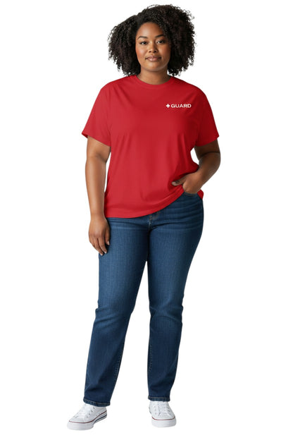 The Lifeguard Store red short sleeve Dri-Fit tee with a white + GUARD logo on the left chest. 100% polyester.