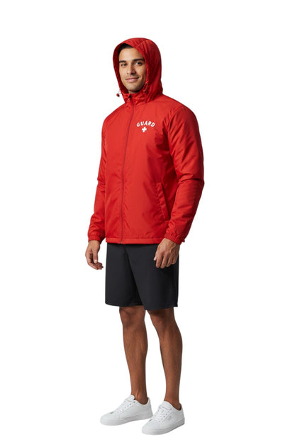 The Lifeguard Store RISE Guard red waterproof polyurethane jacket with full zip, adjustable hood, and "GUARD" lettering.