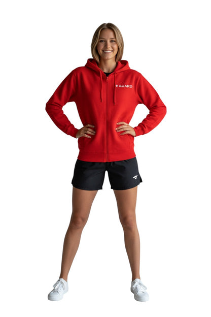 The Lifeguard Store red cotton-polyester blend zip-up hoodie with "GUARD" logo on chest. Features a double-lined hood and front pockets.