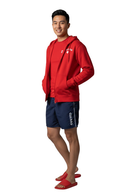 The Lifeguard Store red cotton polyester blend zip hoodie with white GUARD and cross logo on chest.