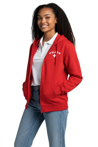 The Lifeguard Store RISE Guard Zip Hoodie in red, made of a cotton-polyester blend, features a white GUARD logo and cross on the chest.