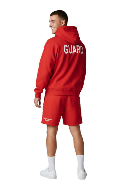 The Lifeguard Store red cotton-polyester blend zip hoodie with "GUARD" logo on back and front.