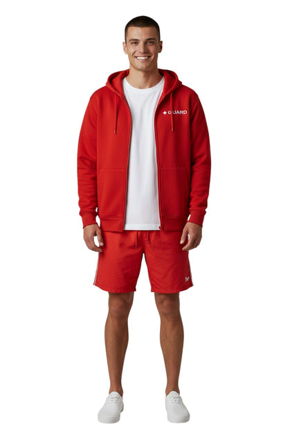 The Lifeguard Store red cotton-polyester blend zip-up hoodie with "GUARD" logo on chest. Features a double-lined hood and front pockets.