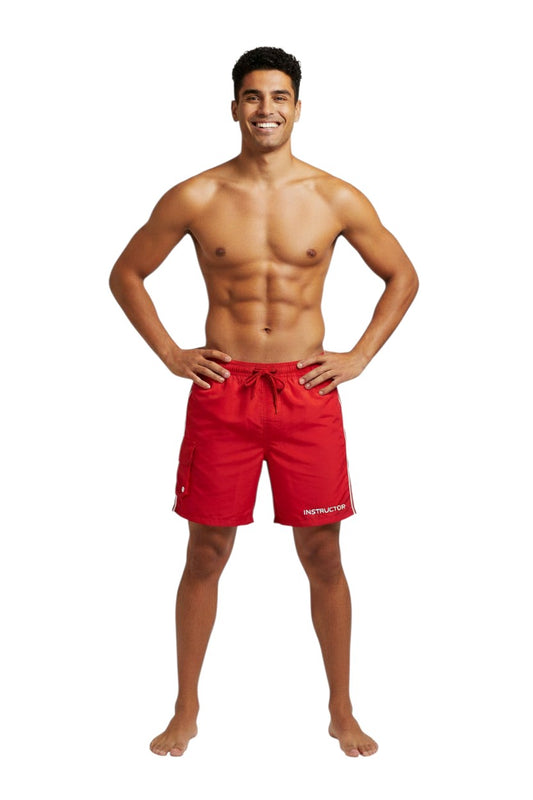 The Lifeguard Store red polyester instructor board shorts with white side stripes and cargo pocket.