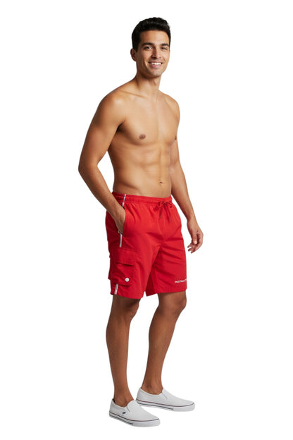 The Lifeguard Store red polyester instructor board shorts with drawstring, cargo pocket, and UPF30+ protection.