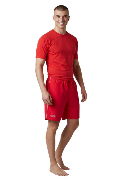The Lifeguard Store red polyester board shorts with white piping and drawstring waist. Features 7" inseam and instructor logo.
