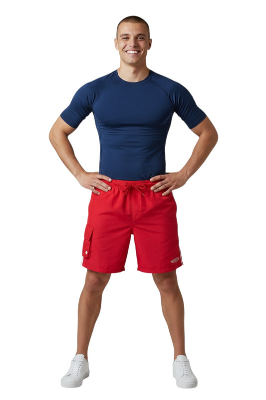 The Lifeguard Store red polyester board shorts with elastic waistband, drawstring, cargo pocket, and instructor logo.