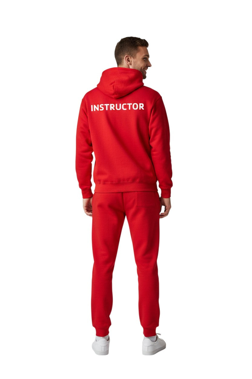 The Lifeguard Store red cotton-polyester blend hooded sweatshirt with "INSTRUCTOR" printed on the back.