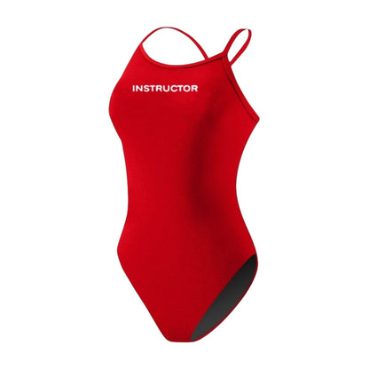 The Lifeguard Store red polyester-spandex one-piece swimsuit with H-back straps and "INSTRUCTOR" text.