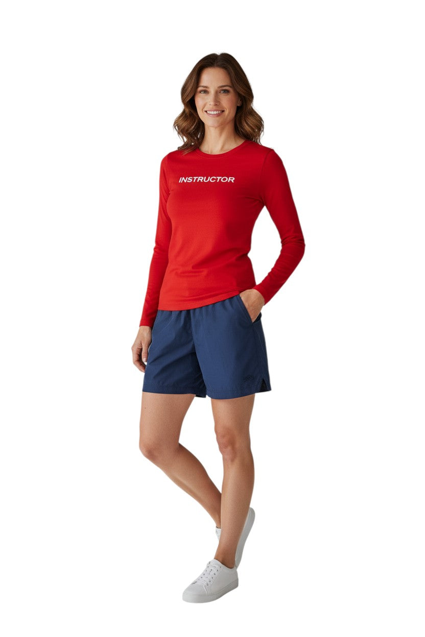 The Lifeguard Store red long sleeve rashguard with "INSTRUCTOR" printed on the chest. Made of poly-spandex fabric with UPF50+ protection.