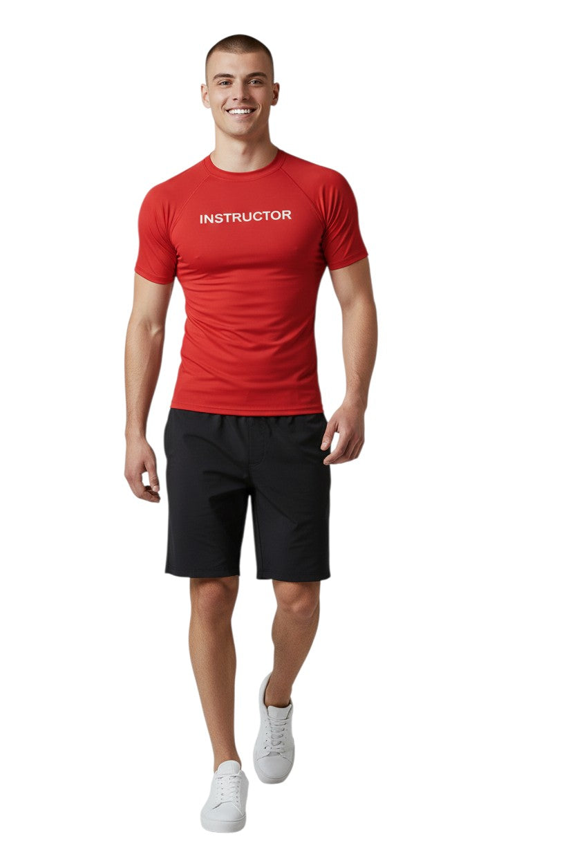 The Lifeguard Store red short sleeve rashguard with "INSTRUCTOR" printed on the chest. Made of 91% polyester and 9% spandex.