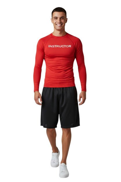 The Lifeguard Store red long sleeve rashguard with "INSTRUCTOR" printed on the chest. Made of poly-spandex blend for comfort and UPF 50+ protection.