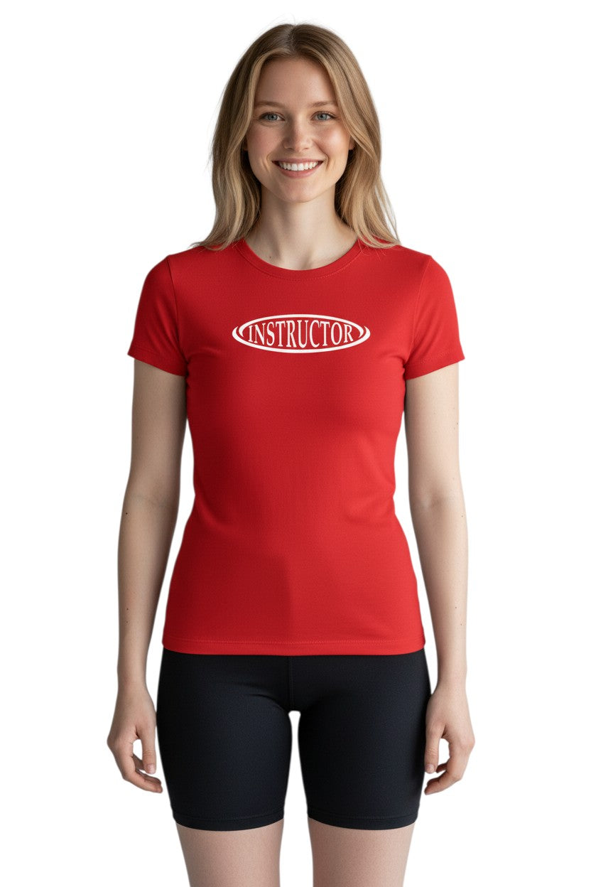 The Lifeguard Store red short sleeve crew neck rashguard with white 'INSTRUCTOR' oval logo on chest. Made of poly-spandex.