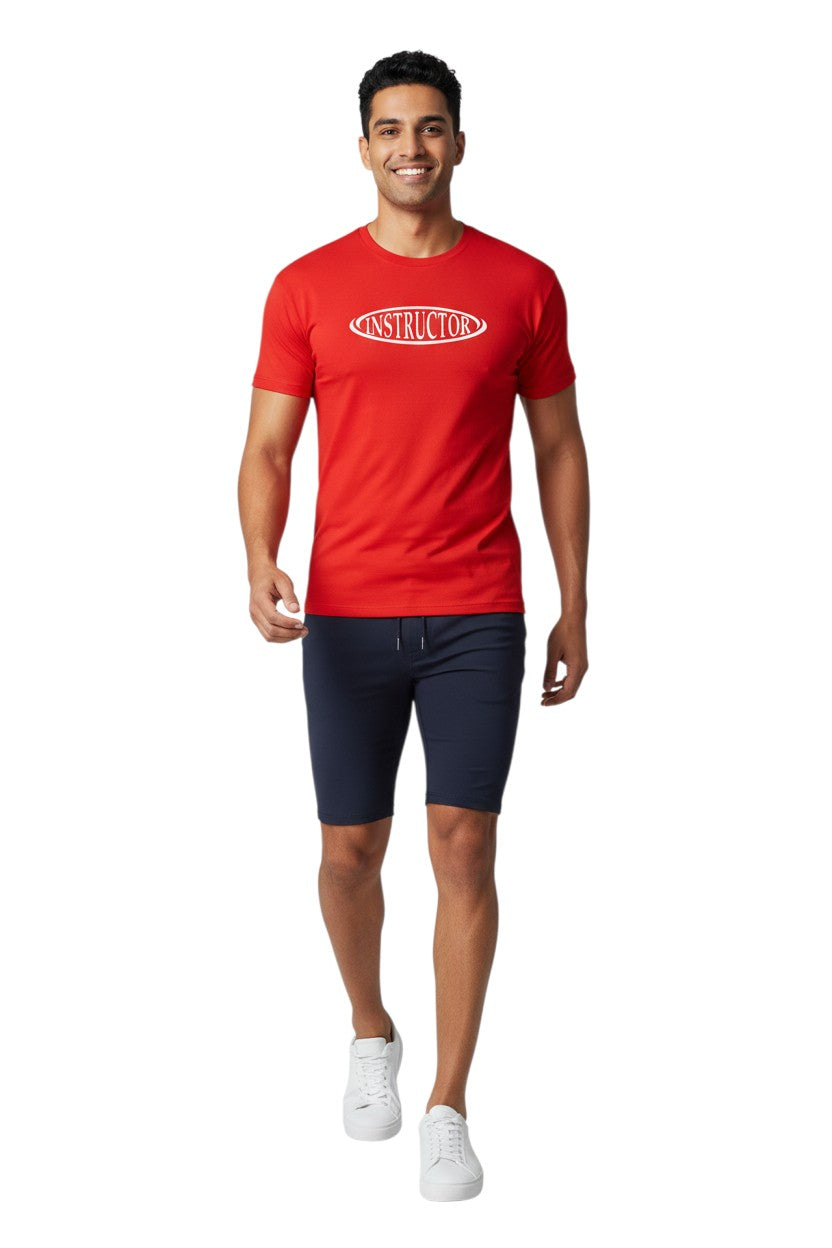 The Lifeguard Store red short sleeve crew neck rashguard with white 'INSTRUCTOR' oval logo on chest. Made of poly-spandex.