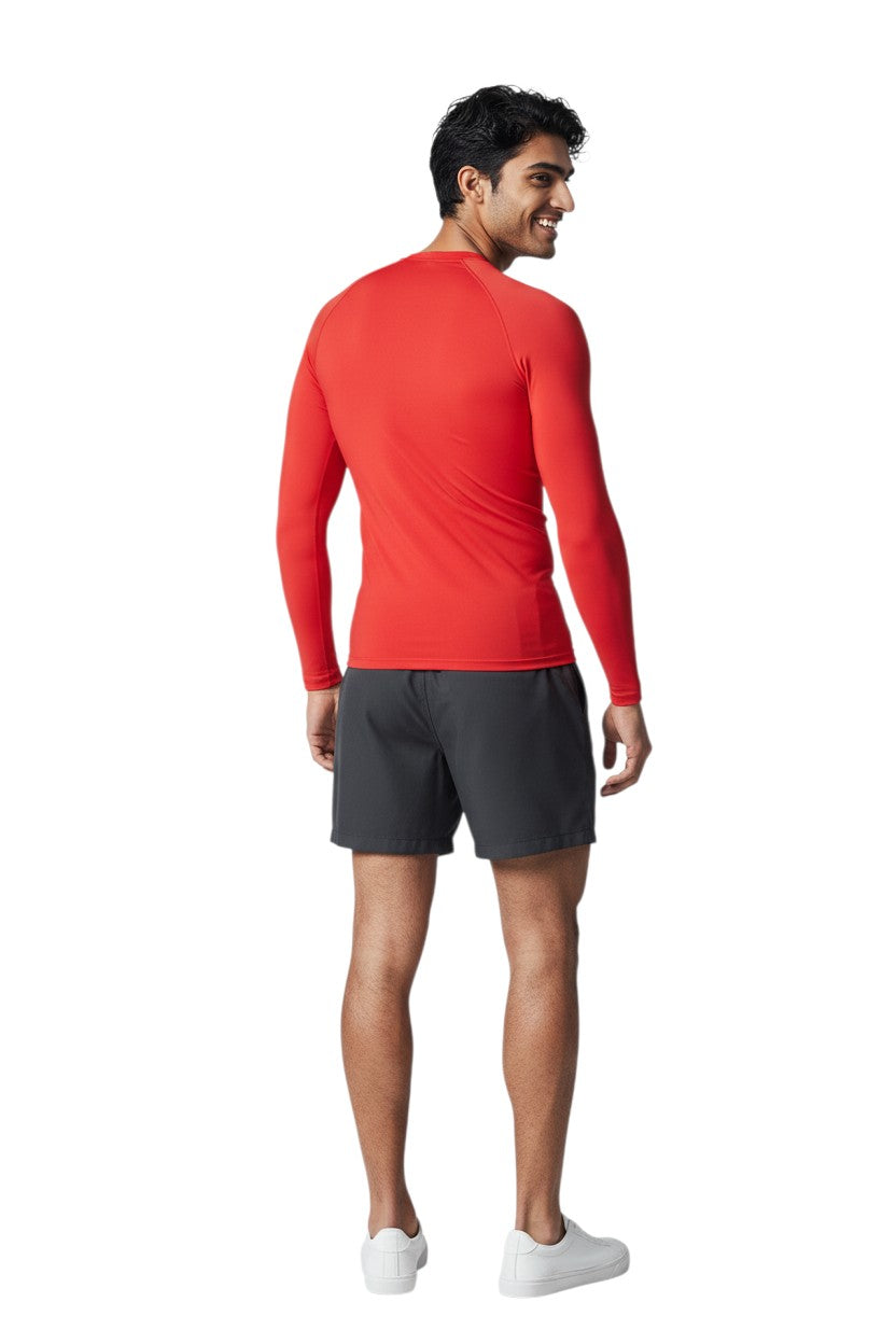 The Lifeguard Store red short sleeve crew neck rashguard with white 'INSTRUCTOR' oval logo on chest. Made of poly-spandex.