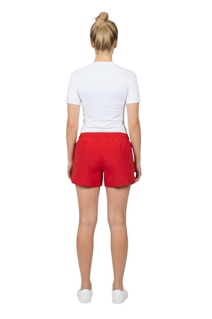 The Lifeguard Store red polyester 5-inch inseam instructor shorts with drawstring and white logo detail.