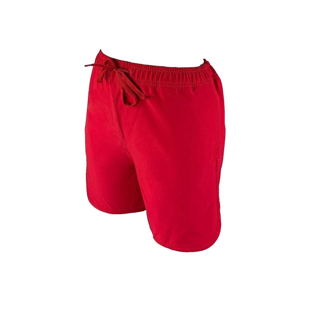 The Lifeguard Store red polyester lifeguard shorts with liner, elastic waistband, drawstring, and 5" inseam.