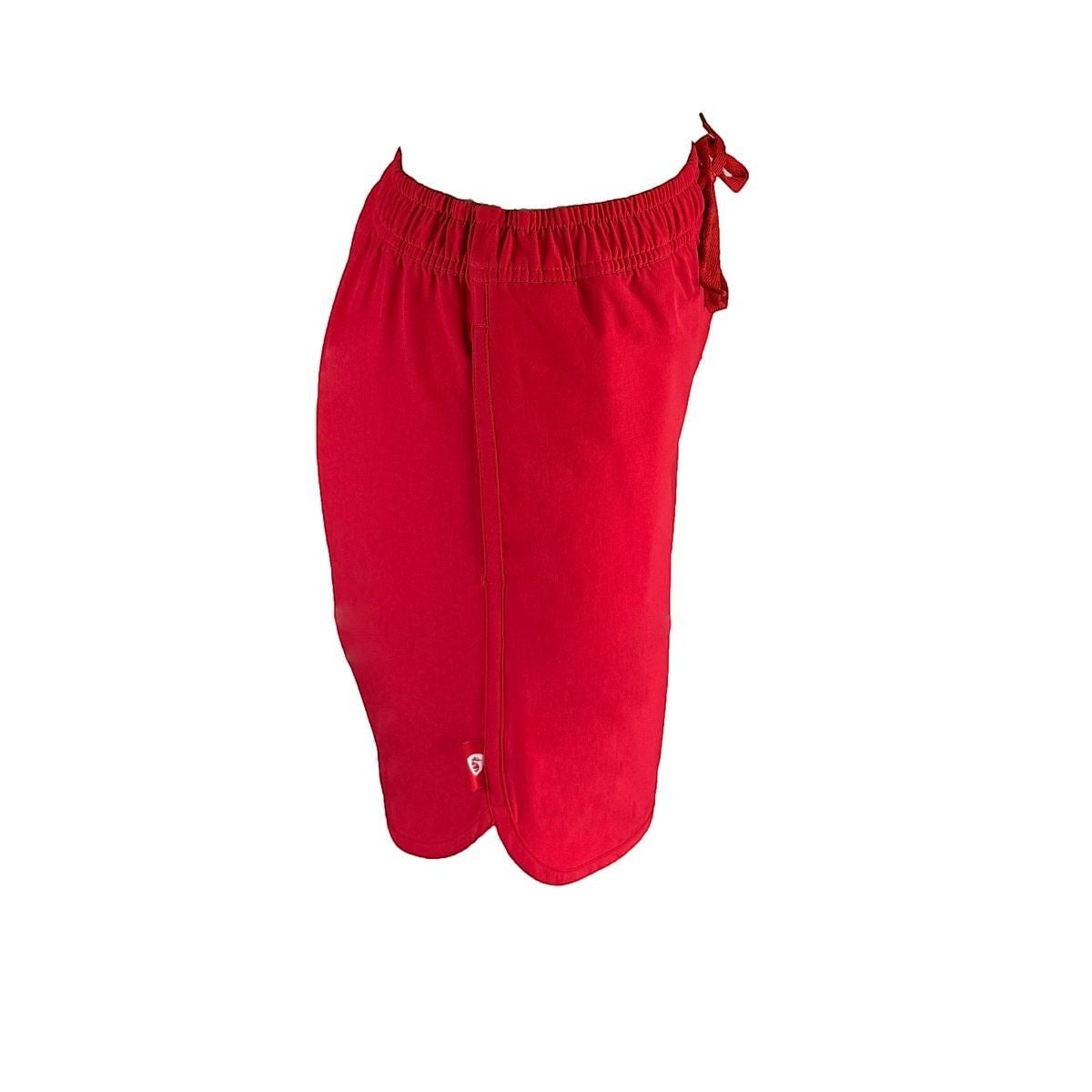 The Lifeguard Store red polyester 5" inseam lifeguard shorts with liner, elastic waistband, and drawstring.