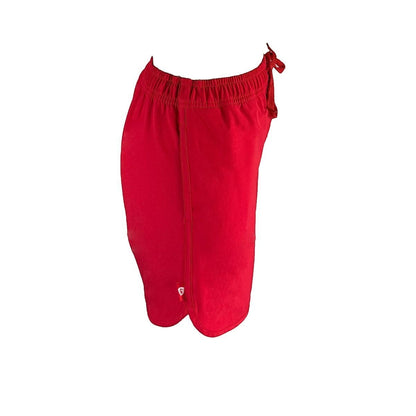The Lifeguard Store red polyester 5" inseam lifeguard shorts with liner, elastic waistband, and drawstring.