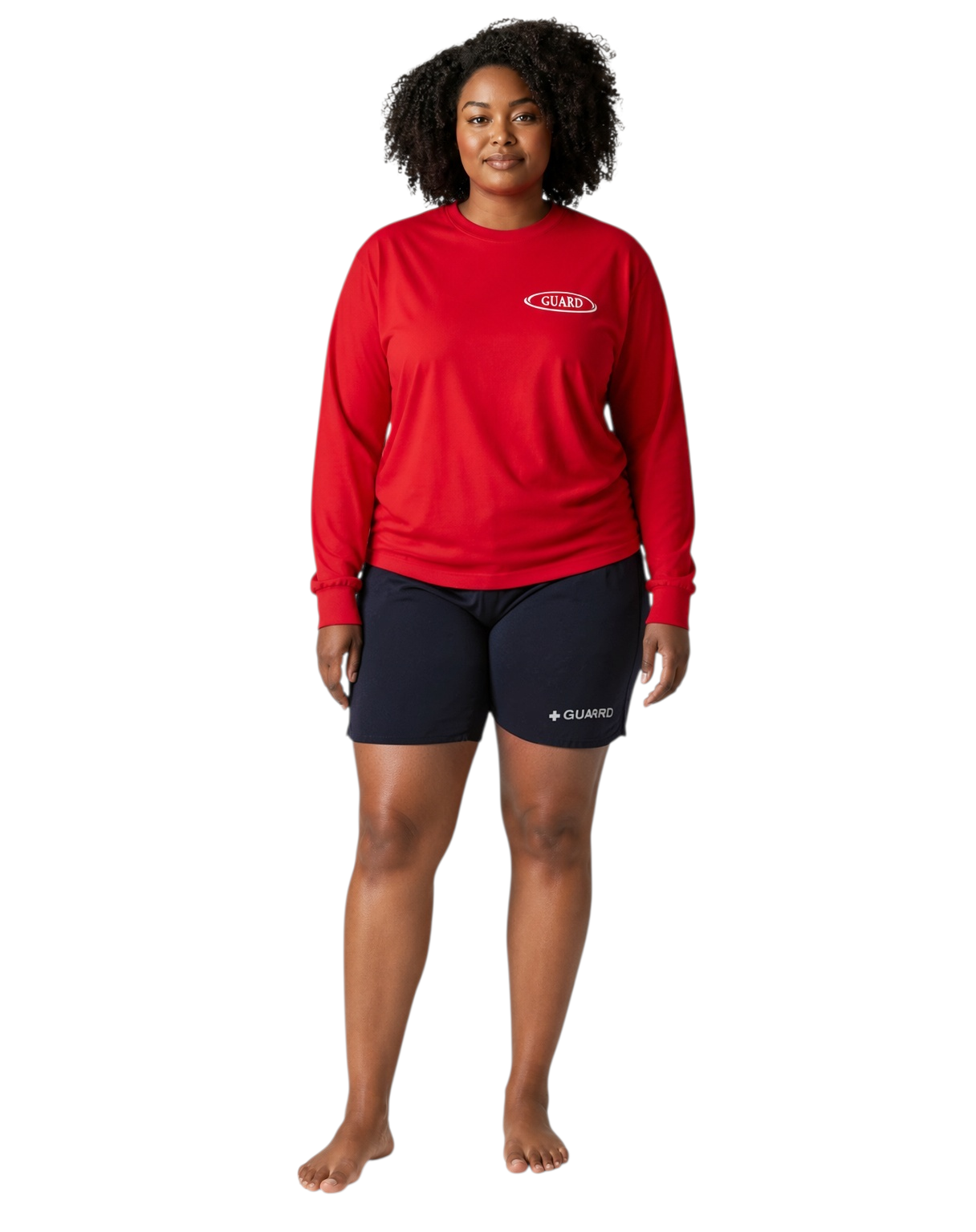 The Lifeguard Store red long sleeve Dri-Fit guard shirt worn by a woman with dark curly hair on a white background
