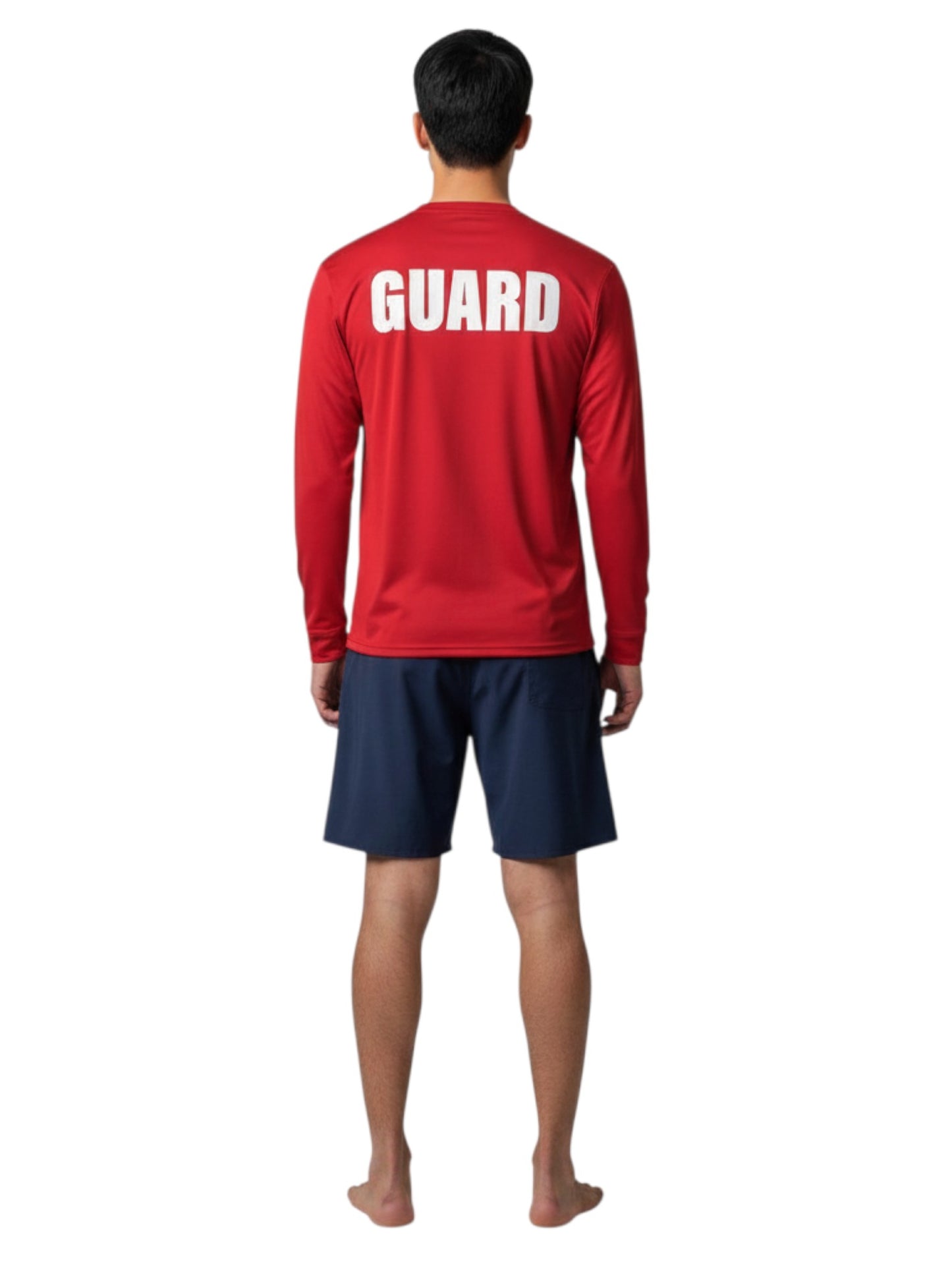 The Lifeguard Store red long sleeve Dri-Fit guard shirt with white GUARD text on the back worn by a male model