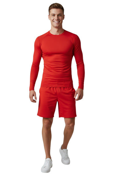 The Lifeguard Store red long sleeve crewneck rashguard made of poly stretch fabric with UPF50+ UV protection.