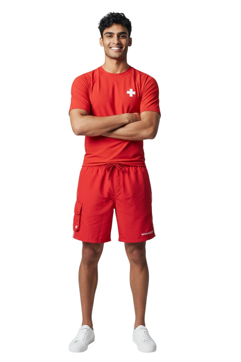 The Lifeguard Store red polyester board shorts with elastic waistband, drawstring, cargo pocket, and "MANAGER" text.