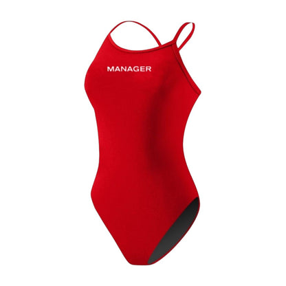 The Lifeguard Store red polyester-spandex H-back one-piece swimsuit with "MANAGER" printed on the chest.