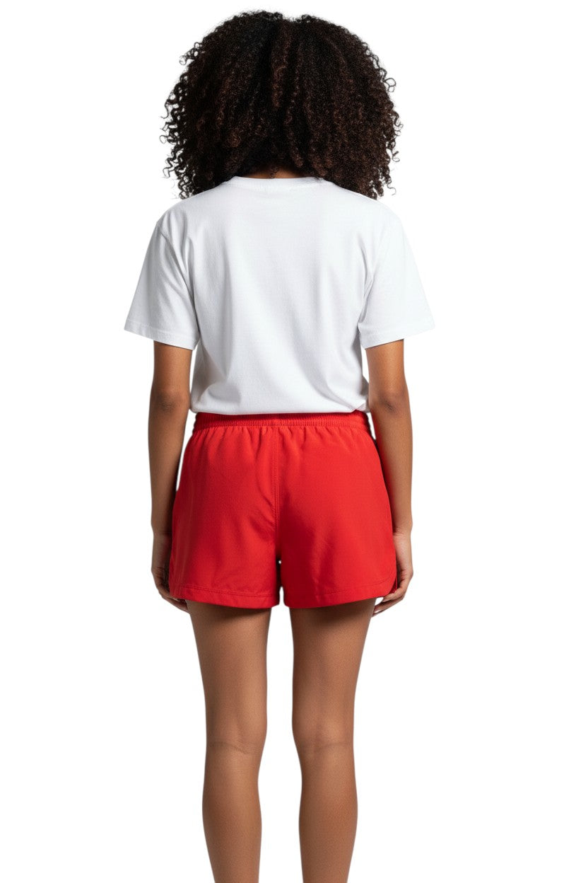 The Lifeguard Store RISE Manager red polyester roll shorts with drawstring and pockets.