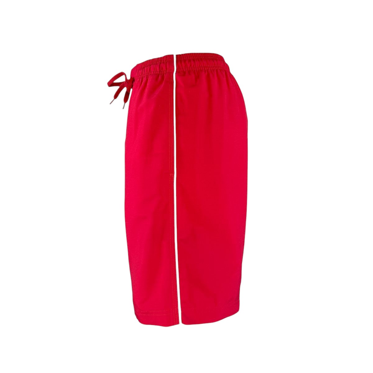 The Lifeguard Store Men's solid red board shorts with liner, elastic waistband, drawstring, and 7" inseam.