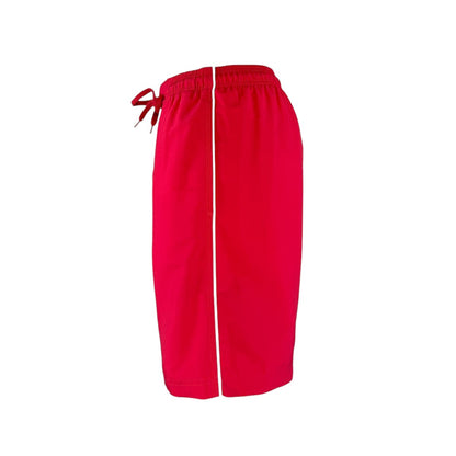 The Lifeguard Store Men's solid red board shorts with liner, elastic waistband, drawstring, and 7" inseam.